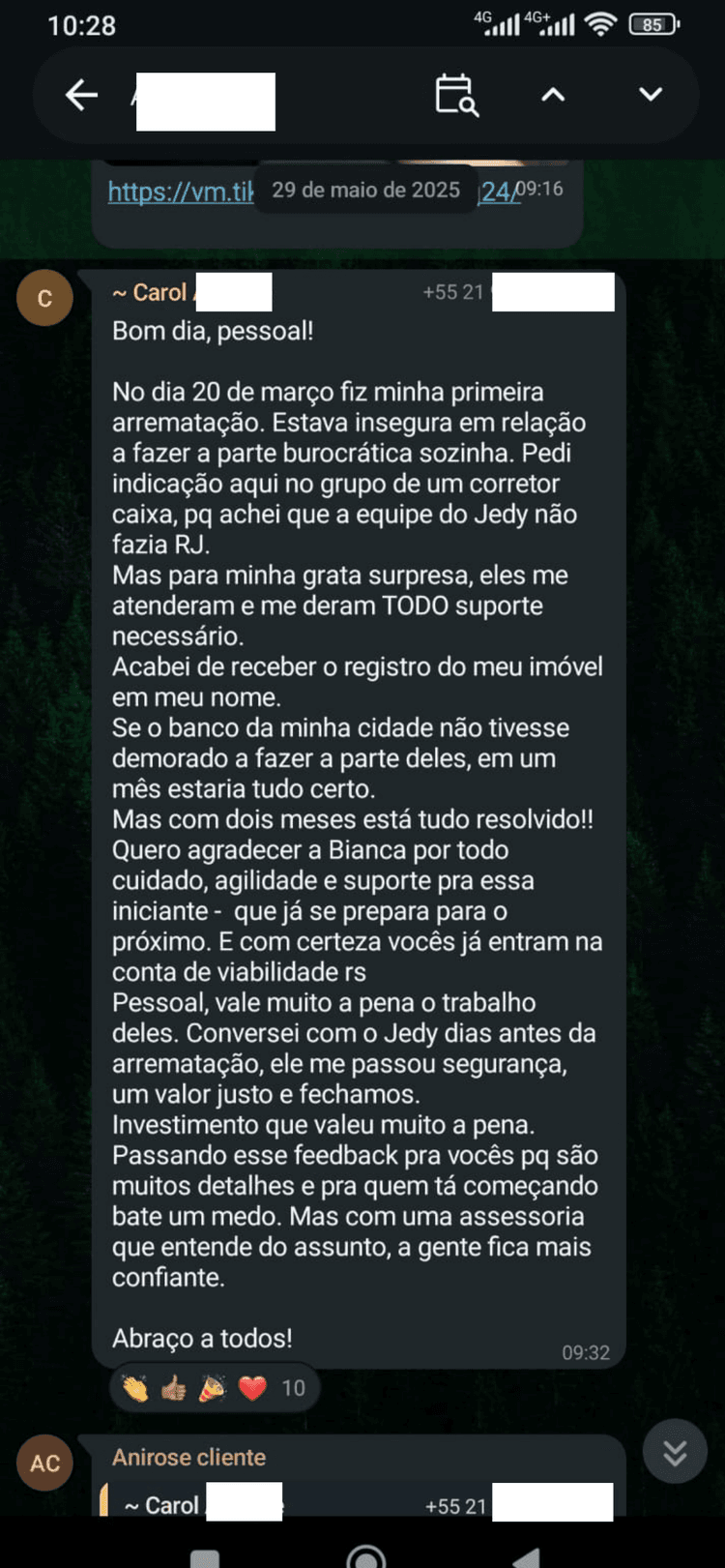 Depoimento da Carol Asthite via WhatsApp